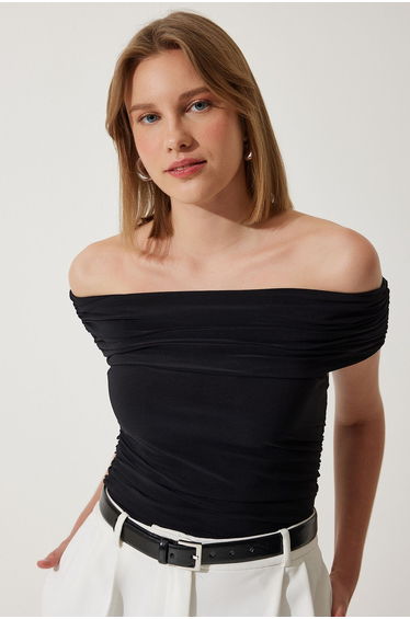 Women's Black Gathered Open Shoulder Sandy Blouse