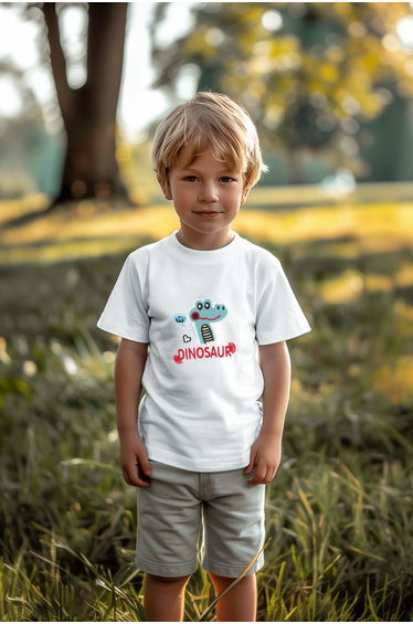White Boy 100% Cotton Dinosaur Patterned Regular Fit Short Sleeve Knitted T-Shirt