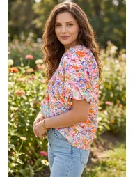 Lvness Pink Floral Print V Neck Short Sleeve Shift Blouse - 3
