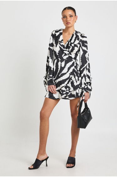 Zebra Print Ruffle Wrap Mini Dress - black