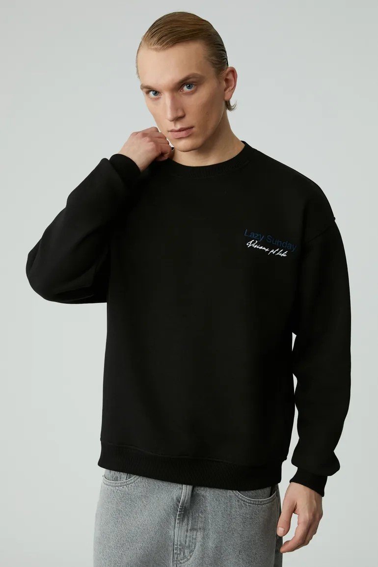 GRIMELANGE LAZINESS Men's Crew Neck 3-Ply Black Sweatshirt - 1