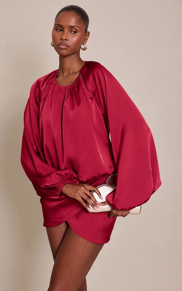 satin wrap mini dress long sleeve PrettyLittleThing Women's Plus Satin Twist Front Open Sleeve Wrap Mini Dress in Black