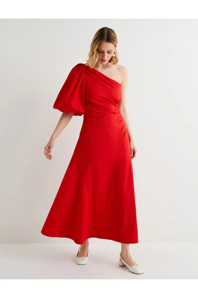 one shoulder balloon sleeve midi dress Bridgette One Shoulder Balloon Sleeve Poplin Midi Dress