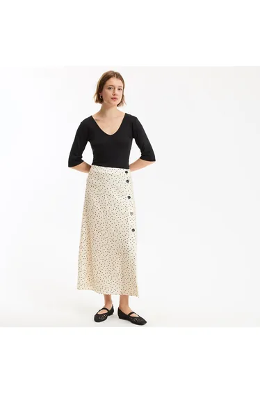 Polka Dot Print Buttoned Maxi Skirt