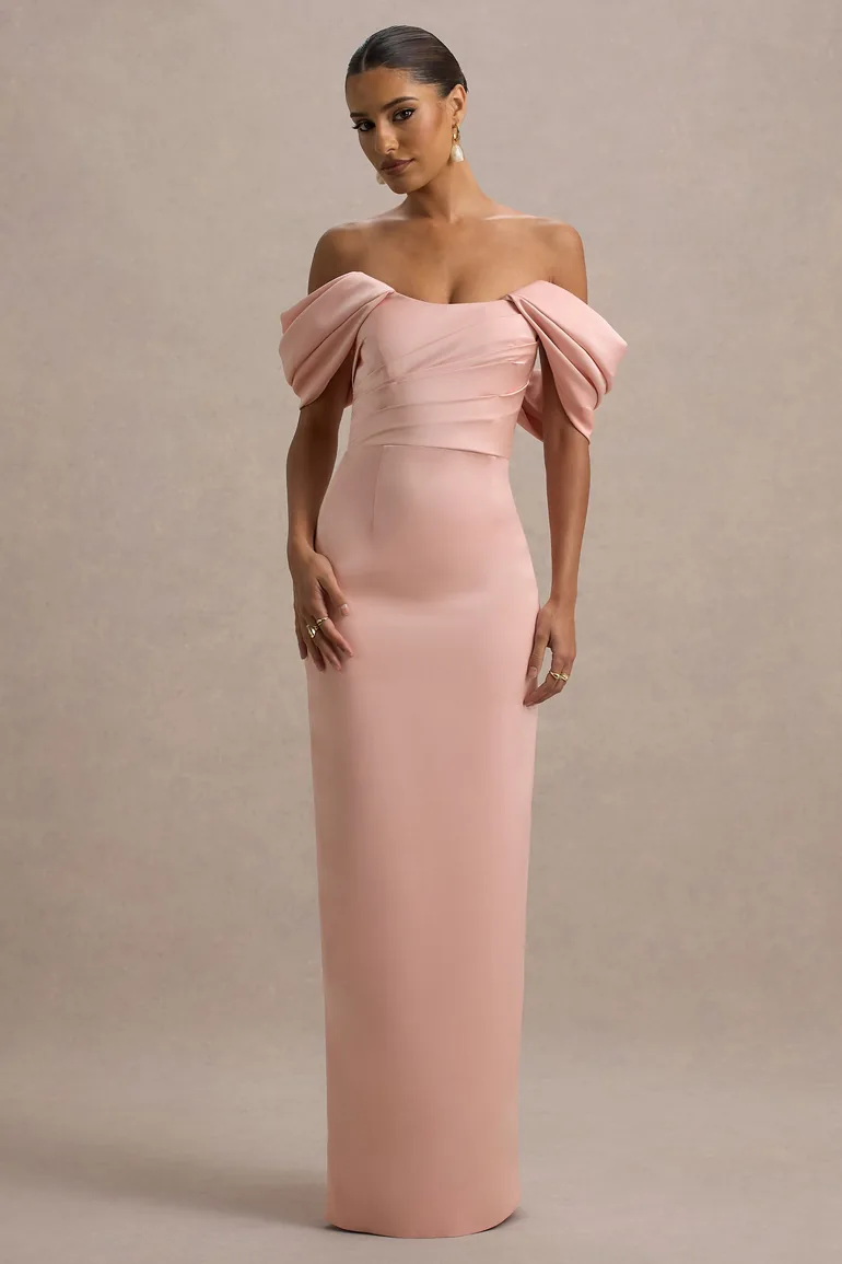 Annita | Light Pink Satin Bardot Maxi Dress Club L London : Premium Dresses  : VogaCloset Bahrain