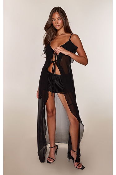 Black Lace Detail Satin Hot Pants