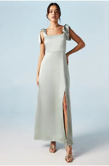 Satin Tie Shoulder Midi Dress