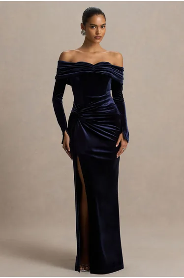 Countess | Navy Bardot-Neck Wrapped Maxi Dress With Front-High Split