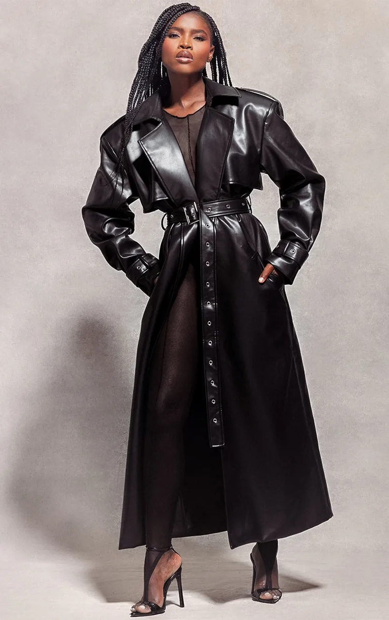 Shop Designed by Naomi Campbell - Black PU Oversized Trench Coat