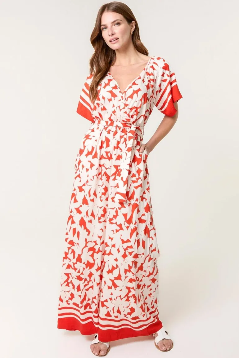 Tropical Print Wrap Belted Waist Jumpsuit