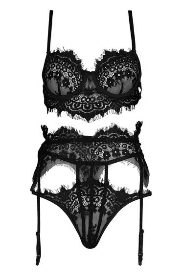 طقم براليت دانتيل بحمالات وسروال داخلي ثونغ وحزام خصر بأربطة - أسود