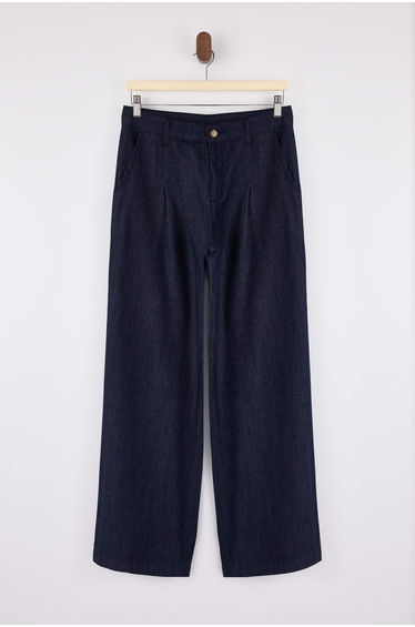 Dark Blue Pleat Detail Normal Waist Wide Leg Jeans