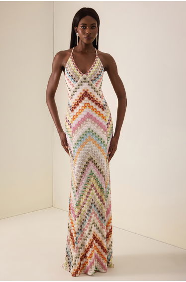 Crochet Stripe Backless Maxi Dress