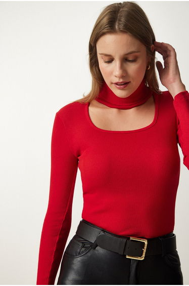 Women's Red Cut Out Detailed Turtleneck Corded Knitted Blouse