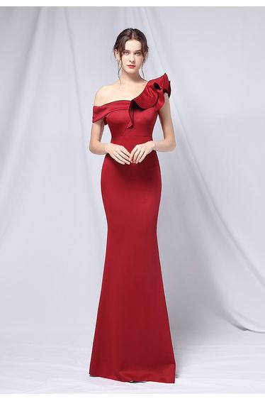 Ruffle One-Shoulder Mermaid Satin Gown in Burgundy