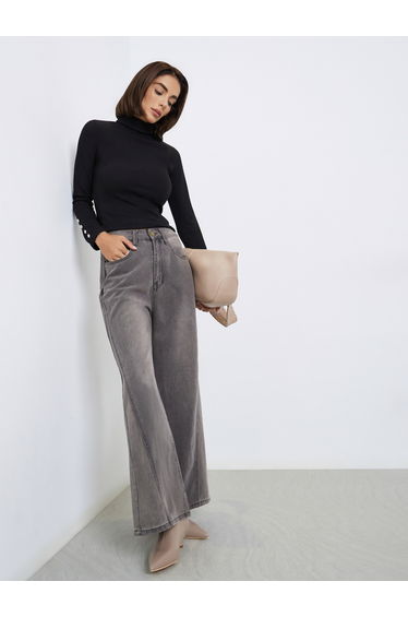 High Rise Triangle Panelled Side Seam Wide Leg Jeans