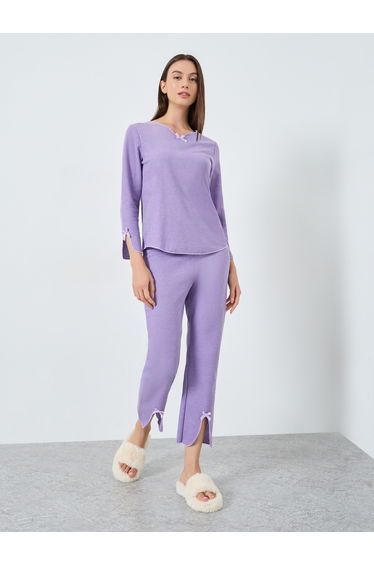 Bow Detail V Neck Knit T-Shirt and Pyjama Set