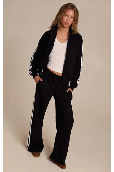 Black Double Side Stripe Wide Leg Joggers