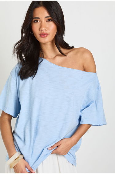 Sheer Slub Off The Shoulder Oversized T-Shirt - light blue