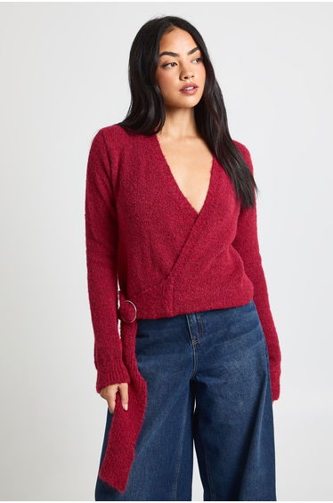 Soft Knit Wrap Detail Metal Trim Cardigan - burgundy