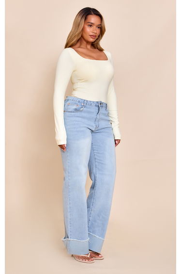 Shape Butter Cream Built In Bra Sculpt Square Neck Long Sleeve Bodysuit