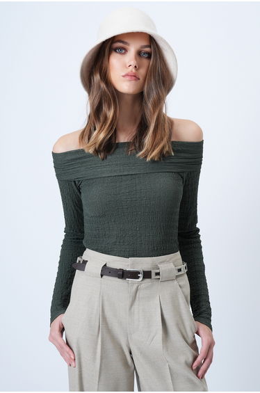 Women's Khaki Madonna Collar Wrinkled Long Sleeve Blouse