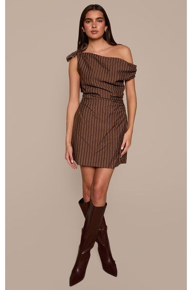 Brown Striped Asymmetric Tie Shoulder Bodycon Dress