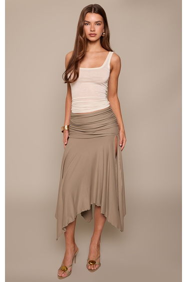 Taupe Soft Touch Ruched Asymmetric Midi Skirt