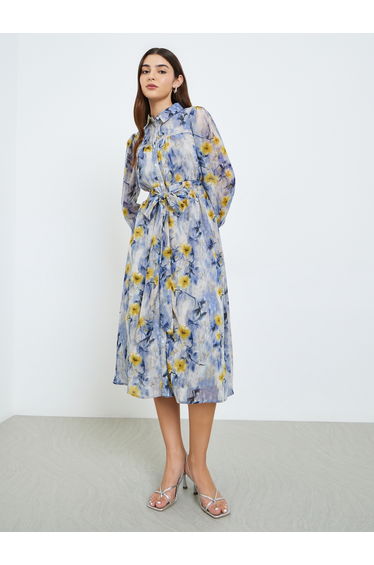Women Blue Floral Print Midi Shirt Dress
