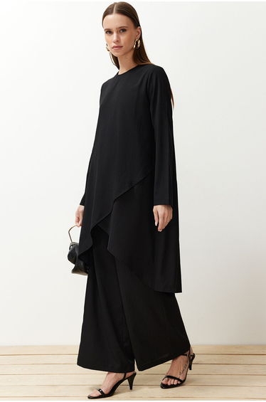 Black Asymmetric Woven Tunic Trousers Two Piece Set