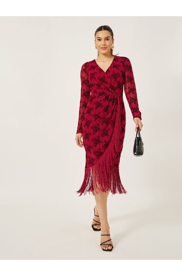 Floral Jacquard Tassel Asymmetric Hem Midi Dress