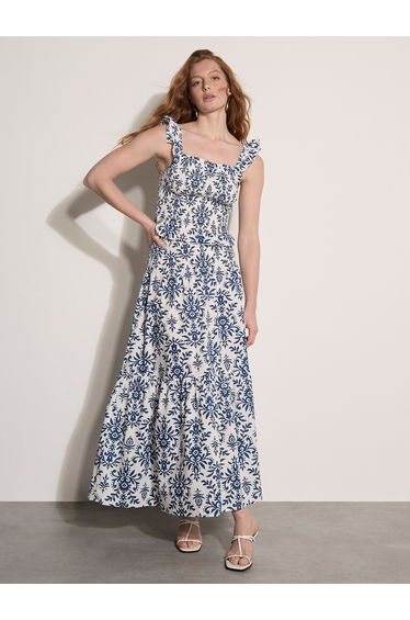 Folk Ikat Print Cotton Tiered Maxi Skirt