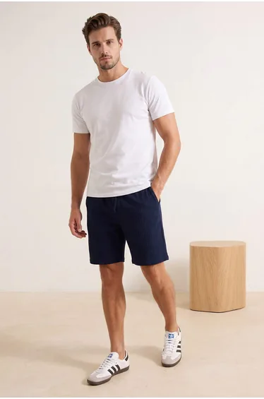 Navy Blue Regular/Normal Cut Textured Wrinkled Shorts & Bermuda