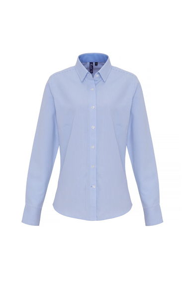 Premier Womens/Ladies Cotton Rich Oxford Stripe Blouse - White/Light Blue