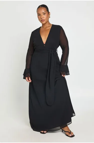 Plus Printed Button Detail Ruffle Sleeve Maxi Dress - black