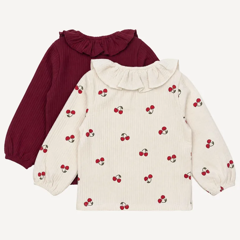 Pack of 2 Cotton Muslin Ruffled Collar Long Sleeve Blouse-Style T-Shirts - 1