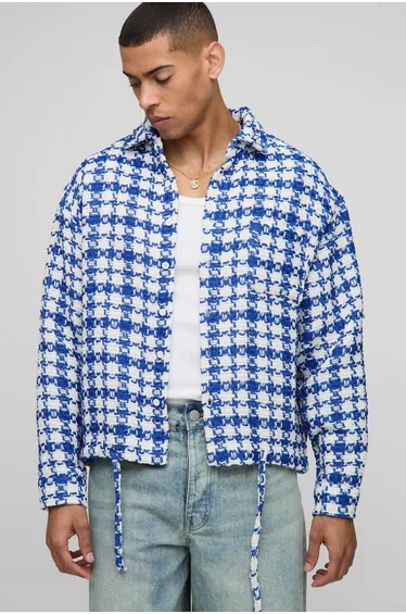 Oversized Boucle Bungee Hem Check Overshirt - blue