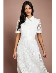 Petite Satin Trim Lace Shirt Midi Dress - 1
