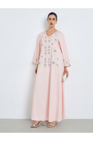 Women Light Pink Embroidered Jalabiya