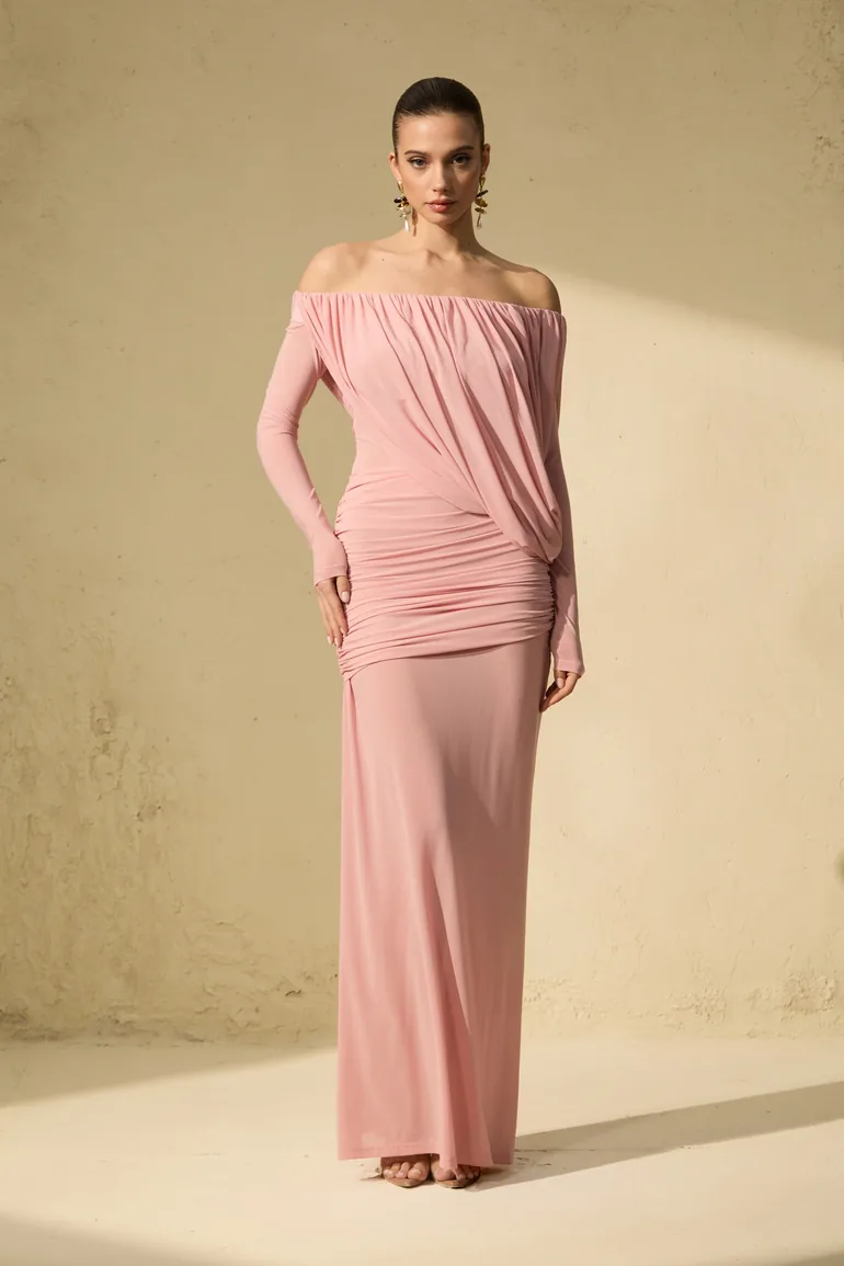 Late Night Kiss Pink Off Shoulder Ruched Bodice Maxi Dress - 2