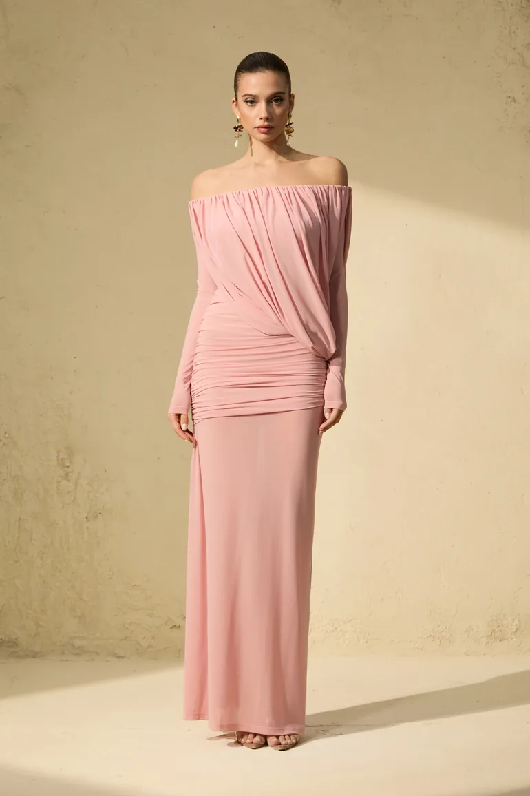 Late Night Kiss Pink Off Shoulder Ruched Bodice Maxi Dress