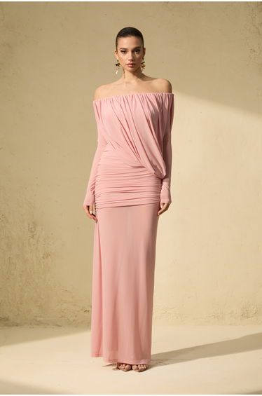 Late Night Kiss Pink Off Shoulder Ruched Bodice Maxi Dress
