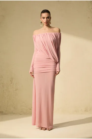 فستان سانفير زهري ماكسي بقصة ميرمايد بلا أكتاف