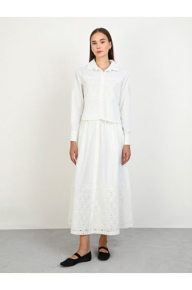 Off White Buttoned Lace Detail Shirt and Maxi Skirt Co-Ords