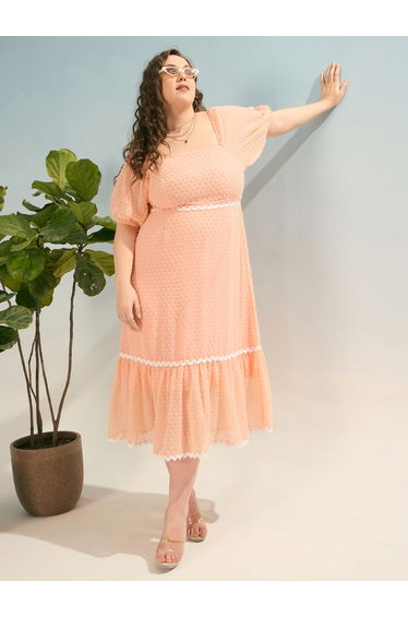 Plus Peach Dobby Smocked Midi Dress