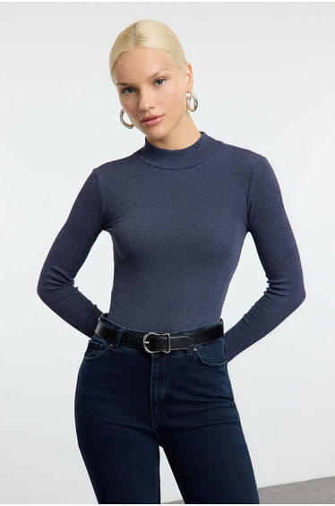 Indigo Fitted High Neck Long Sleeve Ribbed Stretchy Knitted Blouse