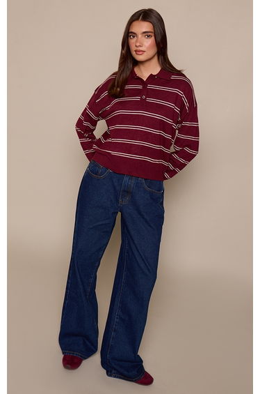 Burgundy Long Sleeve Striped Knitted Polo Jumper