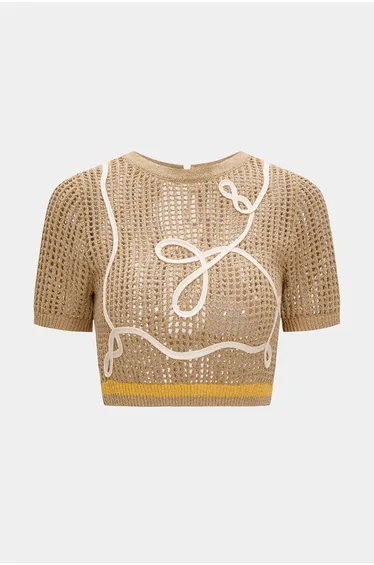 Knit 3D Embroidery Print Contrast Tie Back Short-Sleeve Top