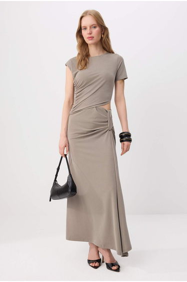 Light Khaki Fitted Short Sleeve Window Detail Maxi Modal Knitted Dress