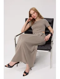 Light Khaki Fitted Short Sleeve Window Detail Maxi Modal Knitted Dress - 1